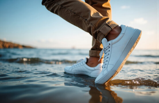 Casual white sneakers walking along the shoreline on a beach - Powered by Adobe