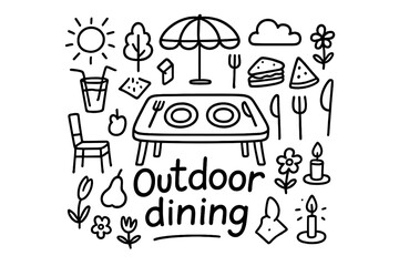 Doodle Outdoor Dining Scene. Outdoor dining. Hand-drawn doodle illustration of Outdoor dining. In the middle,