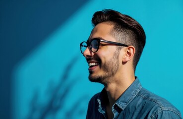 Obraz premium A smiling man wearing glasses and a denim shirt against a vibrant blue background
