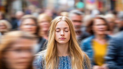 Fototapeta premium Serene young woman with long blonde hair, eyes closed, appears centered in a blurry crowd, creating a contrast between focused stillness and the indistinct motion of surrounding figures, evoking a...
