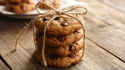 Golden brown chocolate chip cookies tied with twine on rustic wood