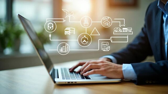 LCA, Life Cycle Assessment and Sustainability Concept. Businessman using laptop with doodled Life Cycle Assessment (LCA) icons, representing recycling, manufacturing, logistics, and environment care.