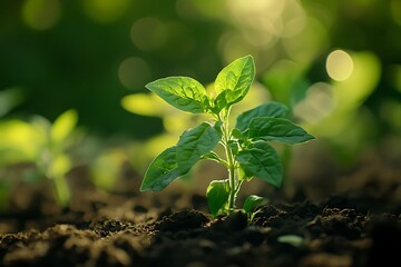 Young pepper plant growing from rich soil in sunlight