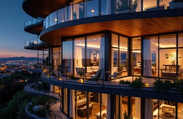 Fototapeta premium Luxury modern apartment building with large glass windows overlooking a cityscape at sunset
