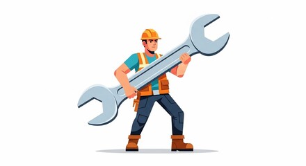 Builder with a Wrench: A strong construction worker holds up a giant wrench, symbolizing the core of construction and mechanical trades, ready for fixing.