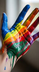 Colorful Painted Hand, Artistic Expression, Childlike Creativity, Vibrant Hues, Playful Art.