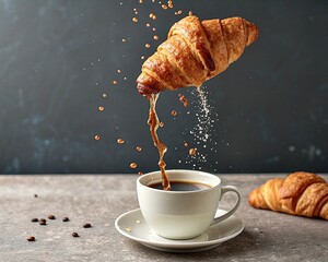 A surreal shot of a coffee cup pouring liquid upwards into a floating croissant
