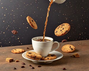 A surreal shot of a coffee cup pouring liquid upwards into a floating cookies