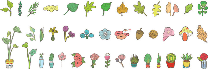 Plants, Flowerpots, and Floral Line Drawing Elements.