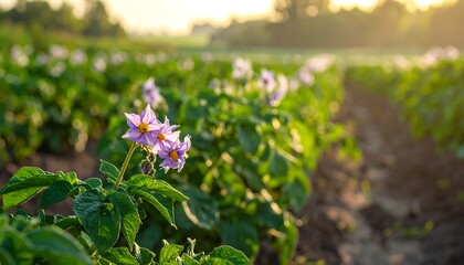 A field of potato plants in bloom, showcasing vibrant purple flowers against a backdrop of lush greenery and soft, golden sunlight.