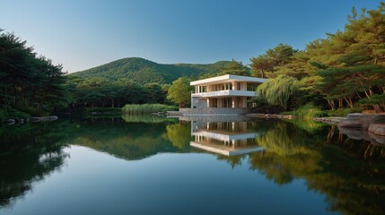 Fototapeta premium Beautiful landscape of a lake with a modern house in the background. the lake is surrounded by lush greenery and trees, and the reflection of the house can be seen on the water's surface.
