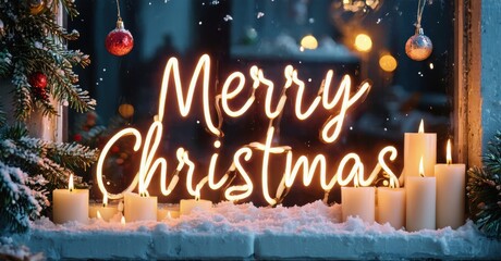 Festive scene. Bright Merry Christmas neon sign glows amid candles, snow, winter foliage. Cozy holiday ambiance.