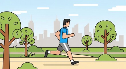 Urban Jogger in Action: A stylized illustration captures a man running energetically through an urban park, embodying health and fitness against a backdrop of cityscape.