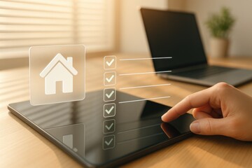 Holographic house icon with checklist verification on tablet for digital real estate management