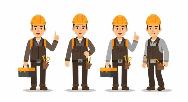 Construction Worker Poses: A set of illustrated construction workers in varying poses, each embodying the spirit of readiness and capability. From the thumbs-up gesture to holding a tool kit.