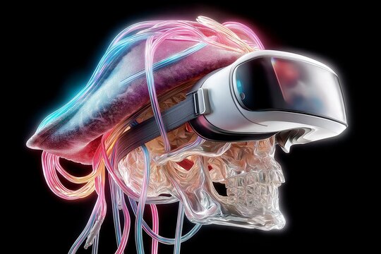 Futuristic pirate skull with VR headset neon tentacles and glowing lights blending cyberpunk horror fantasy in surreal digital design, Generative AI - Powered by Adobe