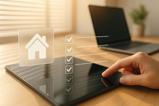 Holographic house icon with checklist verification on tablet for digital real estate management 
