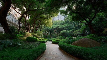Obraz premium Beautiful garden with a stone pathway winding through it. the pathway is surrounded by lush greenery, including trees, bushes, and shrubs.