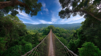 Suspension bridge in the middle of a lush green forest. the bridge is made of rope and is suspended between two large trees on either side. the sky is blue with white clouds scattered across it.