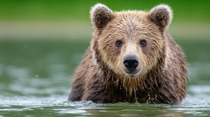 Fototapeta premium Brown Bear Wading Through Swift River in Forest Landscape