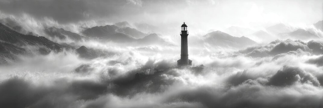 Lonely lighthouse pierces monochrome clouds