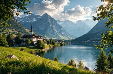 Scenic landscape of a peaceful lake surrounded by lush greenery and majestic mountains with a small church in the foreground