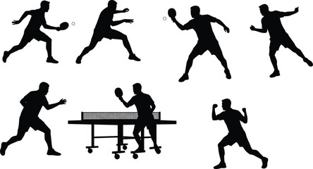 Dynamic table tennis silhouettes vector illustration showing players in action poses, ping pong match, sports activity, competition, recreation, fitness concept