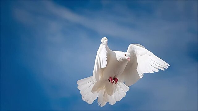 White dove soars high in blue sky on sunny afternoon