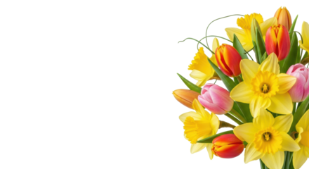Vibrant yellow daffodils, delicate pink, orange, red still-closed tulip buds, green leaves in studio on white, soft green/pink bokeh copy space. Concept of spring freshness and beauty