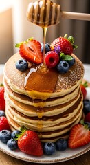 Delicious Stack of Pancakes with Berries and Honey.