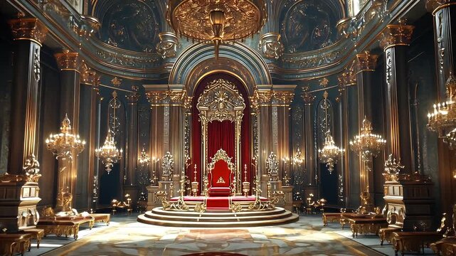Opulent Interior of a Grand Throne Room with Crystal Chandeliers and Rich Red Accents in an Elaborate Castle