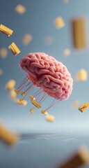 Brain-jellyfish floats amidst gold blocks on gray ground