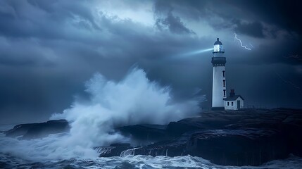 Lighthouse enduring a stormy night on the ocean