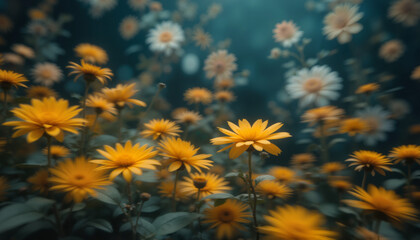 Floral motion blur backgrounds with vibrant yellow flowers in a moody atmosphere, close-up