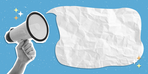 Trendy Halftone Collage Hand Holding Megaphone with Blank Paper crumpled. Retro style pop art with copy space.