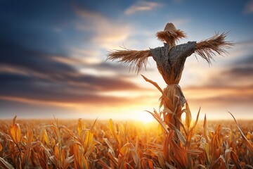 Scarecrow standing in autumn cornfield against dramatic sunset sky representing spooky Halloween tradition, harvest season and rural folklore imagery, Generative AI