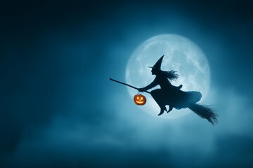 Halloween witch flying on broomstick in spooky night sky with glowing pumpkin lantern and full moon silhouette background, Generative AI