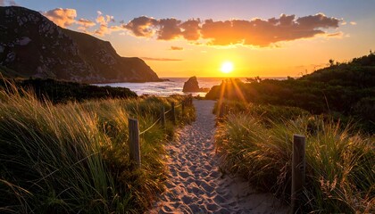 A sandy path leads towards a breathtaking sunset over a coastal landscape, highlighted by vibrant colors and a tranquil atmosphere.