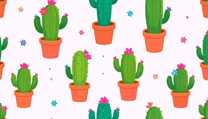 Colorful cartoon cactus pattern with flowers and orange pots on white background