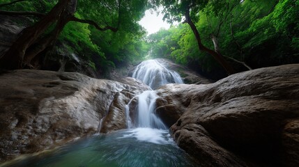 Beautiful waterfall cascading down a rocky cliff in a lush green forest. the water is flowing over the rocks, creating a small pool of water below.