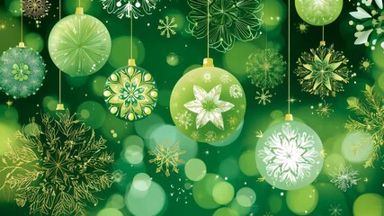 Elegant green and gold Christmas ornaments with intricate snowflake patterns gently ascending, creating a festive and luxurious animated holiday background with bokeh effects - Powered by Adobe