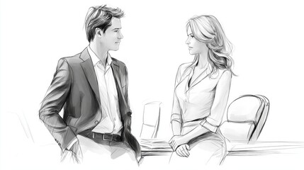Sketch illustration of man and woman in office attire discussing business strategy symbolizing corporate teamwork and workplace collaboration, Generative AI