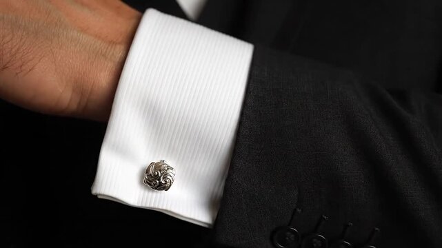 A close up of a person wearing a suit and tie with a cufflink
