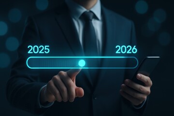 Businessman touching futuristic progress bar moving from 2025 to 2026 with digital timeline 
