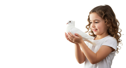 Little Girl With White Dove isolated on white transparent background, Sign Of Peace PNG 