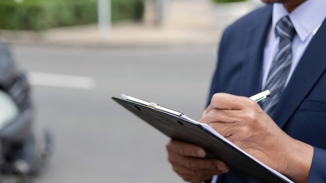 A man in a suit is writing on a clipboard in front of a yellow car. The scene suggests that the man is taking notes or documenting something related to the car, possibly an accident or a repair