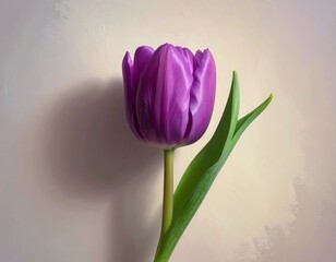 A single, vibrant purple tulip blossom stands out against a soft, textured, light beige backdrop.