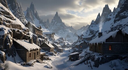 Snowy Mountain Village Landscape.