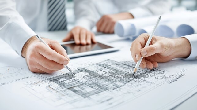 Closeup of professional hands drawing architectural blueprints with tablet and pen symbolizing precision teamwork in modern construction projects, Generative AI