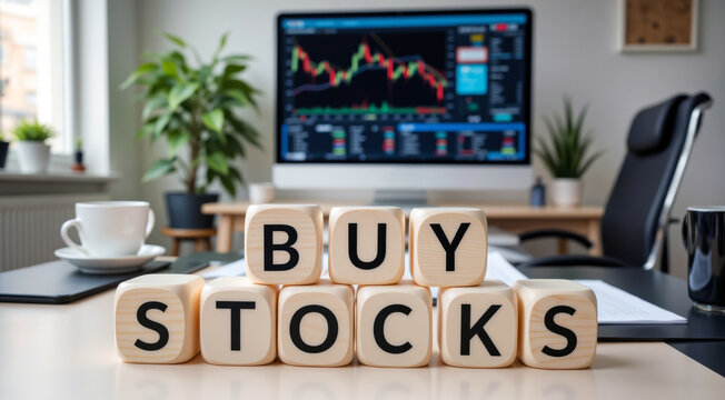 Dynamic environment where financial planning meets decision making as wooden cubes spell out buy stocks in front of analytical screens symbolizing ambition foresight and capital growth - Powered by Adobe